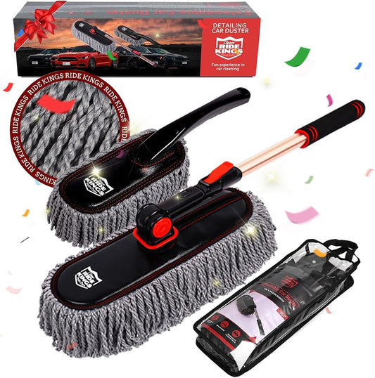 Car Duster Exterior with Extendable Handle, Scratch Free Auto Wash Brush Mop, Interior Detailing Kit for Truck RV Boat - Microfiber Duster & Interior Brush, Grey